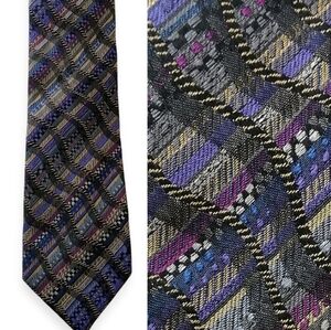 Missoni 100% Silk Tie Black Purple Blue Gold Stripe and Squiggle Pattern Luxury